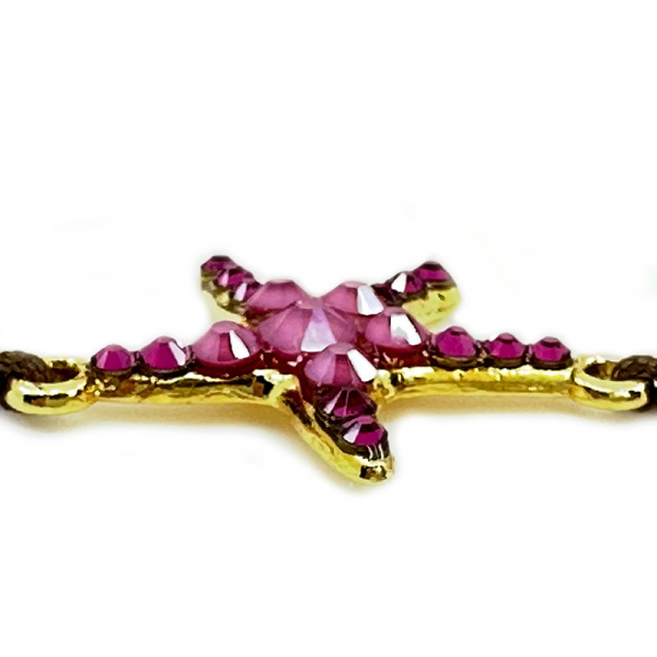 Ekaterini friendship bracelet, starfish, pink Swarovski crystals brown cord and with gold accents, detail